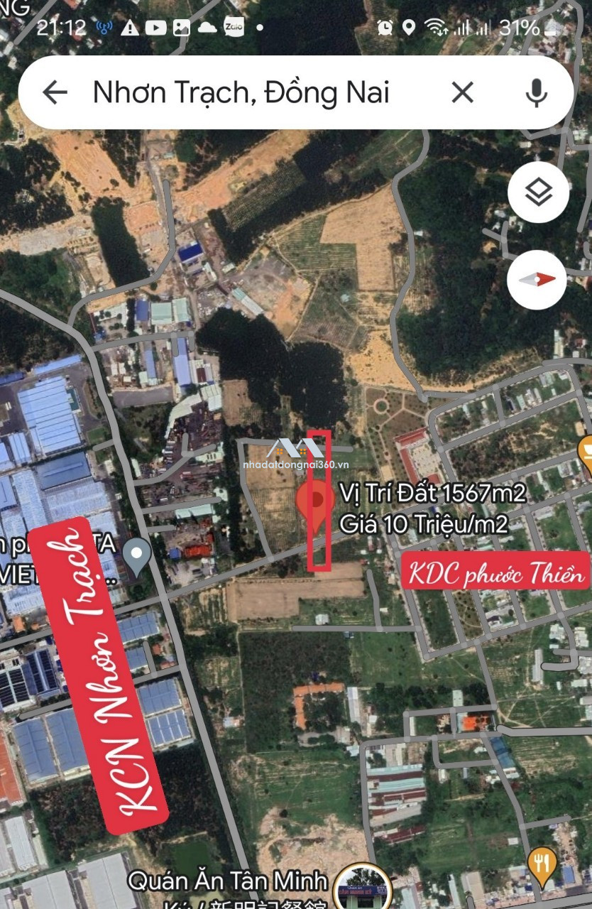 Bán lô đất cạnh khu công nghiệp Nhơn Trạch Phước Thiền Đồng Nai dt 1567m2 giá 15 tỷ 6