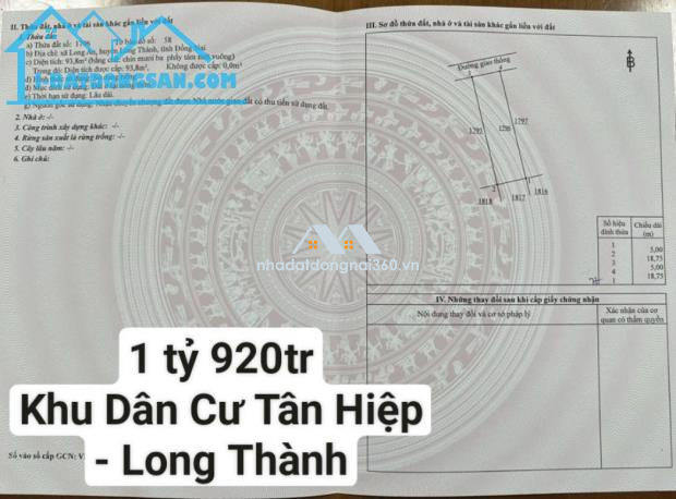 Bán lô đất KDC Tân Hiệp, Long Thành: 5 x 19, giá 1,92 tỷ