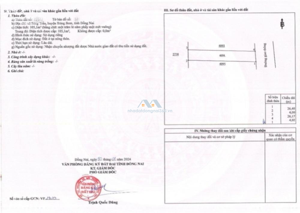 Cần Tiền bán lô đất thổ cư, ấp 4, xã Sông Trầu, huyện Trảng Bom