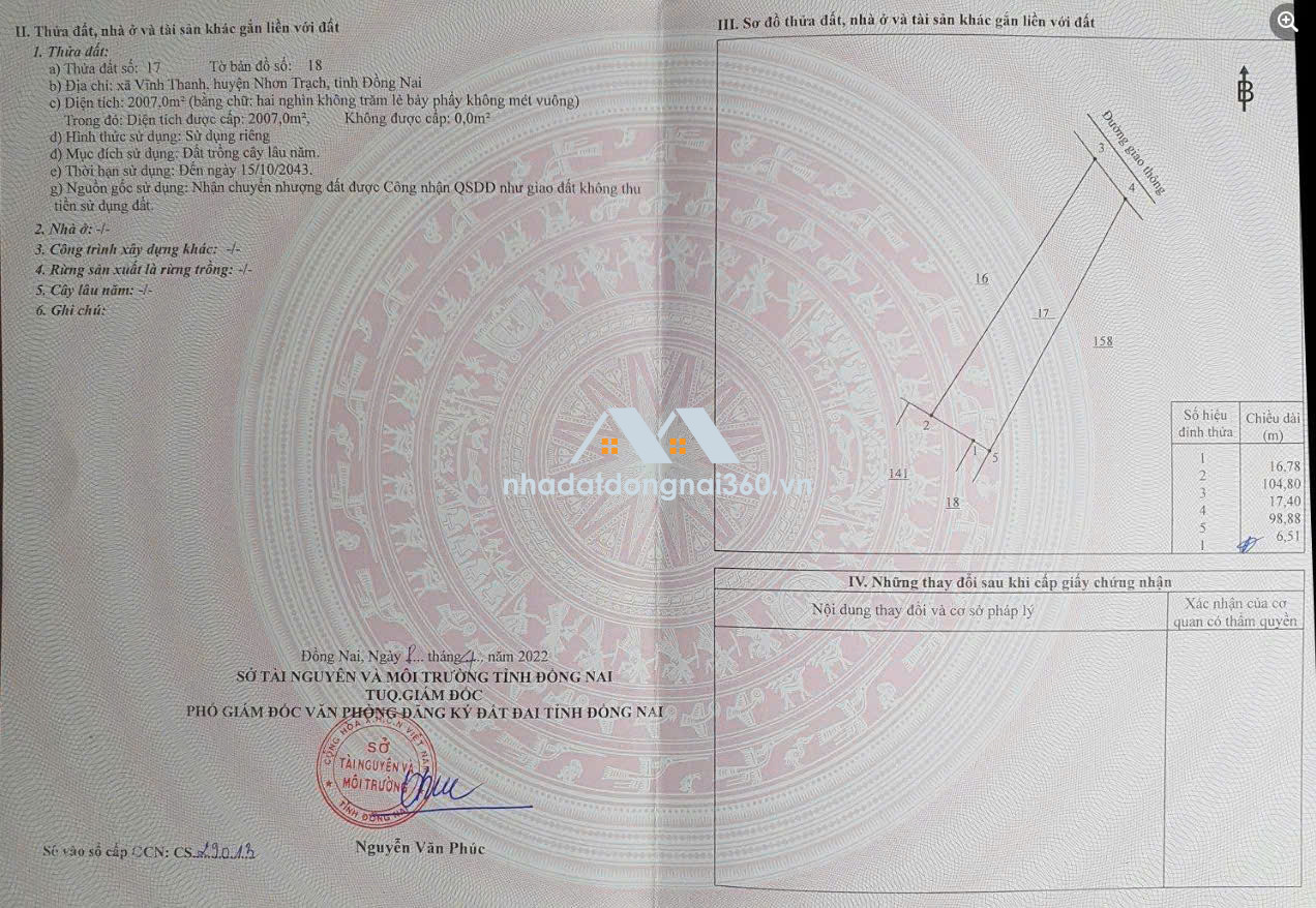 Bán Đất trồng cây lâu năm hơn 2007m2 ngay trung tâm của Nhơn Trạch
