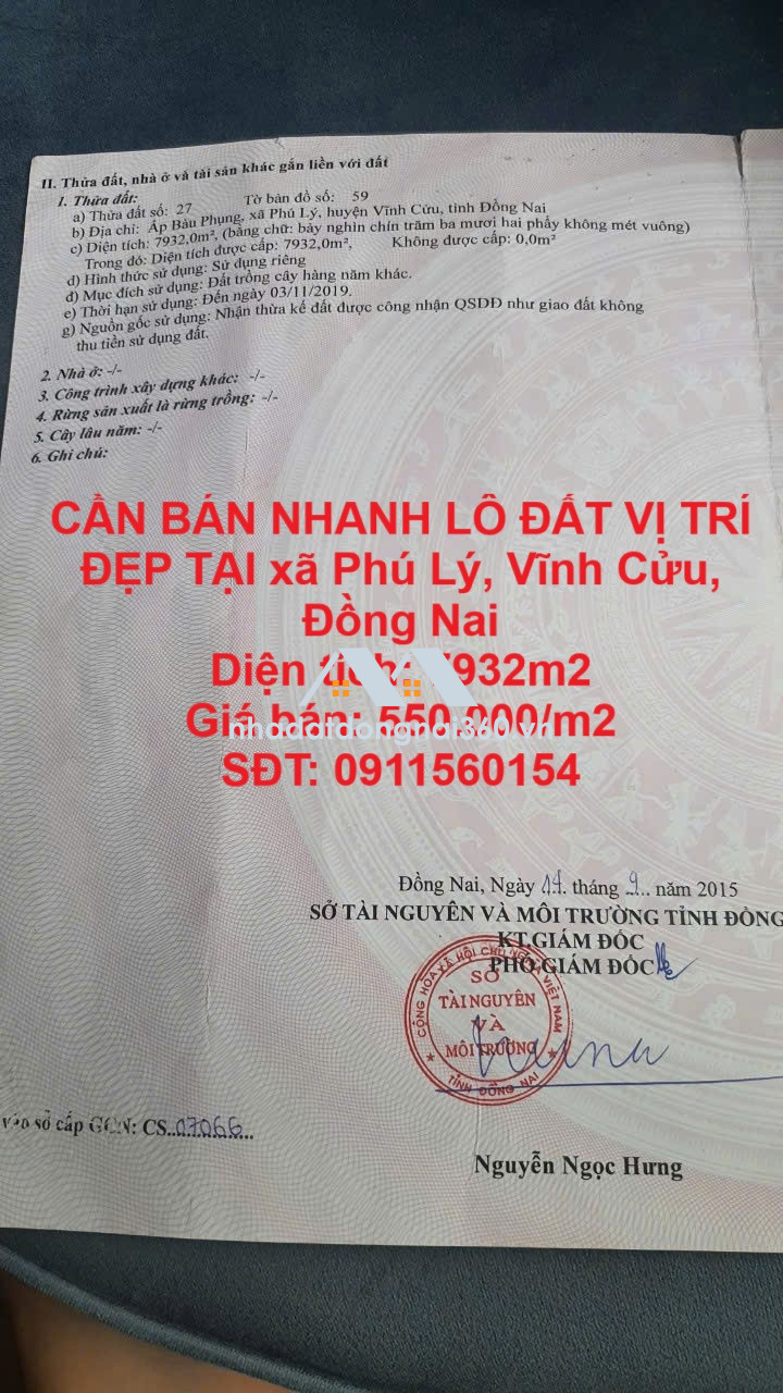 CẦN BÁN NHANH LÔ ĐẤT VỊ TRÍ ĐẸP TẠI xã Phú Lý, Vĩnh Cửu, Đồng Nai