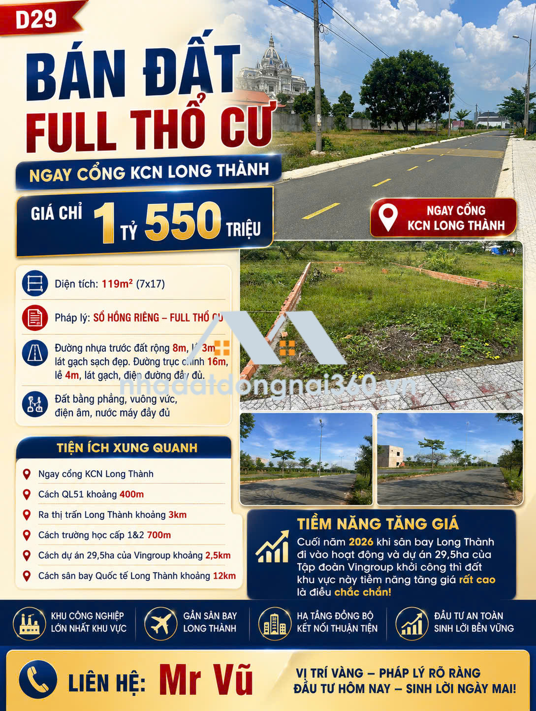 D29 | BÁN ĐẤT FULL THỔ CƯ NGAY CỔNG KCN LONG THÀNH – CHỈ 1,55 TỶ